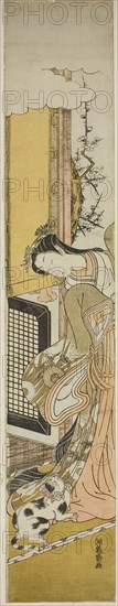Parody of the Third Princess and Her Pet Cat, c. 1772, Isoda Koryusai, Japanese, 1735-1790, Japan, Color woodblock print, hashira-e, 28 1/4 x 5 in.