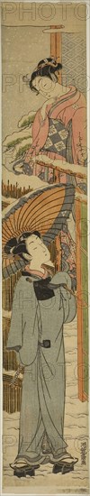 Looking through the Gate, c. 1771, Isoda Koryusai, Japanese, 1735-1790, Japan, Color woodblock print, hashira-e, 27 7/8 x 4 7/8 in.