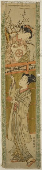Young Woman Returning a Kite to a Young Man, c. 1772, Isoda Koryusai, Japanese, 1735-1790, Japan, Color woodblock print, hashira-e, 26 1/2 x 5 in.