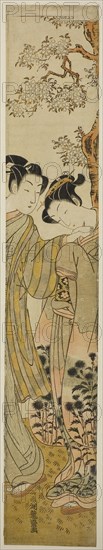 Lovers Under a Cherry Tree, c. 1771, Isoda Koryusai, Japanese, 1735-1790, Japan, Color woodblock print, hashira-e, 26 5/8 x 4 in.