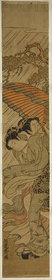 Two Young Women with Umbrella Caught in Rainstorm, c. 1771, Isoda Koryusai, Japanese, 1735-1790, Japan, Color woodblock print, hashira-e, 27 7/8 x 4 3/4 in.