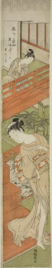 Attracting her attention, c. 1771, Isoda Koryusai, Japanese, 1735-1790, Japan, Color woodblock print, hashira-e, 28 5/8 x 5 1/4 in.