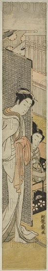 Courtesan Standing Behind Screen and Young Man Smoking, c. 1771, Isoda Koryusai, Japanese, 1735-1790, Japan, Color woodblock print, hashira-e, 27 1/8 x 4 7/8 in.