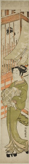 Young Woman Emerging from a Bathhouse, c. 1772, Isoda Koryusai, Japanese, 1735-1790, Japan, Color woodblock print, hashira-e, 27 1/8 x 4 5/8 in.