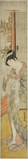 Young Woman Feeding a Rat, c. 1771, Isoda Koryusai, Japanese, 1735-1790, Japan, Color woodblock print, hashira-e, 27 5/8 x 4 5/8 in.