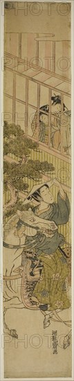 Young Man on Horseback and Two Women Watching from a Window, c. 1770, Isoda Koryusai, Japanese, 1735-1790, Japan, Color woodblock print, hashira-e, 27 1/8 x 5 in.