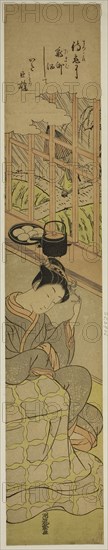 Waiting for Her Lover, c. 1770/71, Isoda Koryusai, Japanese, 1735-1790, Japan, Color woodblock print, hashira-e, 27 x 4 1/2 in.