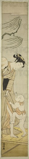Young Woman and Boy on Veranda, c. early 1770s, Masunobu, Japanese, active c. 1764-72, Japan, Color woodblock print, hashira-e, 27 1/4 x 4 3/4 in.