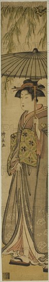 Geisha Carrying a Parasol under a Willow Tree, c. 1784, Torii Kiyonaga, Japanese, 1752-1815, Japan, Color woodblock print, hashira-e, 70.3 x 11.6 cm