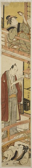 Parody of act VII of the play Treasury of Loyal Retainers (Chushingura), c. 1782, Torii Kiyonaga, Japanese, 1752-1815, Japan, Color woodblock print, hashira-e, 69.6 x 12.7 cm