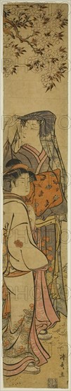 Two Women Viewing Cherry Blossoms, c. 1780, Torii Kiyonaga, Japanese, 1752-1815, Japan, Color woodblock print, hashira-e, 68.0 x 11.5 cm