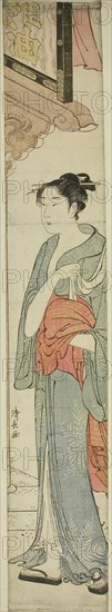 Woman Walking under a Store Sign, c. 1784, Torii Kiyonaga, Japanese, 1752-1815, Japan, Color woodblock print, hashira-e, 71.2 x 11.7 cm