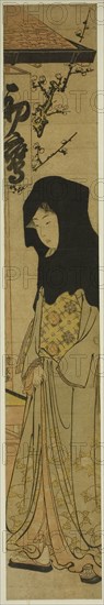 Woman Wearing Black Hood in Front of the Hatsutaka Teahouse, c. 1783, Torii Kiyonaga, Japanese, 1752-1815, Japan, Color woodblock print, hashira-e, 68.5 x 11.0 cm