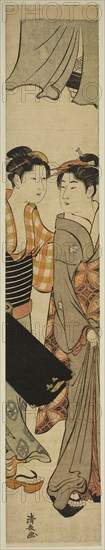 Geisha and Her Maid Carrying a Shamisen Box, c. 1781, Torii Kiyonaga, Japanese, 1752-1815, Japan, Color woodblock print, hashira-e, 70.0 x 12.3 cm