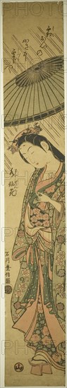 Praying for Rain Komachi (Amagoi Komachi), Edo period (1615–1868), about 1755, Ishikawa Toyonobu, Japanese, 1711-1785, Japan, Color woodblock print (benizuri-e), hashira-e, 27.2 X 10.6 cm