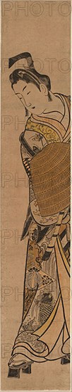 The Actor Onoe Kikugoro I as Soga no Goro, c. 1744, Okumura Masanobu, Japanese, 1686–1764, Japan, Hand-colored woodblock print, hashira-e, urushi-e, 69.6 x 12.6 cm