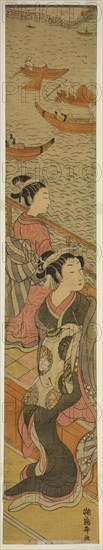 Courtesan and Her Attendant on a Balcony Overlooking River, c. 1771, Isoda Koryusai, Japanese, 1735-1790, Japan, Color woodblock print, hashira-e, 26 3/4 x 4 5/8 in.