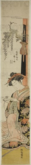 The Courtesan Somenosuke of the Matsubaya, c. 1776/81, Isoda Koryusai, Japanese, 1735-1790, Japan, Color woodblock print, hashira-e, 27 3/8 x 4 3/4 in.