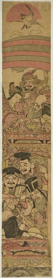 Seven Gods of Good Fortune in a Treasure Ship, c. 1789, Katsukawa Shunsho ?? ??, Japanese, 1726-1792, Japan, Color woodblock print, hashira-e, 65.5 x 11.3 cm (25 3/4 x 4 /16 in.)