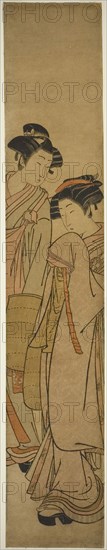 Young Couple Dressed as Mendicant Monks, c. 1777, Isoda Koryusai, Japanese, 1735–1790, Japan, Color woodblock print, hashira-e, 26 x 4 5/8 in.