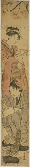 Young couple as Kanzan and Jittoku, early 19th century, Utagawa Toyokuni I ?? ?? ??, Japanese, 1769–1825, Japan, Color woodblock print, hashira-e