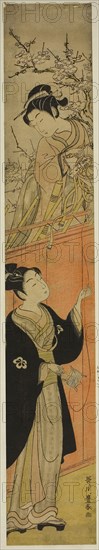 Young Man and Woman with a Kite, c. 1770s, Utagawa Toyoharu, Japanese, 1735-1814, Japan, Color woodblock print, hashira-e, 26 3/8 x 4 3/8 in.