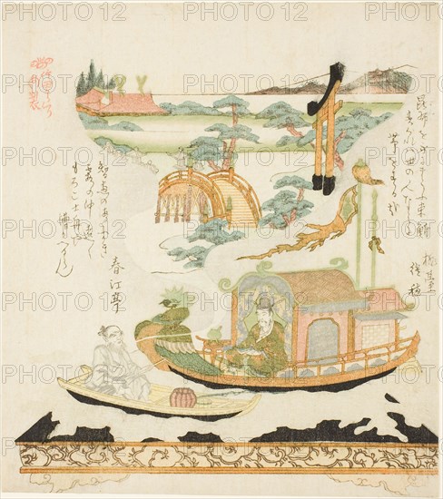 Takeda Mechanical Device (Takeda karakuri): Haku Rakuten (Chinese: Bai Juyi) and the fisherman, c. early 19th century, Kubo Shunman, Japanese, 1757–1820, Japan, Color woodblock print, shikishiban sheet from an album, surimono, 20.4 x 18.2 cm
