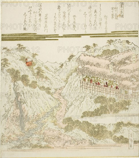 View of Miyanoshita Hot Springs in Hakone, Soshu, from the series Hot Springs, A Diptych (Onsen niban tsuzuki), c. 1820s, Keisai Eisen, Japanese, 1790-1848, Japan, Color woodblock print with metallic pigments, shikishiban, surimono, 21.2 x 18.7 cm
