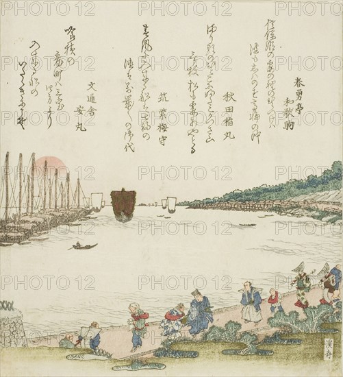 Returning sails at Takanawa, c. 1820s, Keisai Eisen, Japanese, 1790-1848, Japan, Color woodblock print, shikishiban, surimono, 20.0 x 18.2 cm