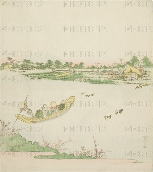 A Ferryboat Crossing the Sumida River, c. 1820s, Keisai Eisen, Japanese, 1790-1848, Japan, Color woodblock print, shikishiban, surimono, 19.6 x 17.5 cm