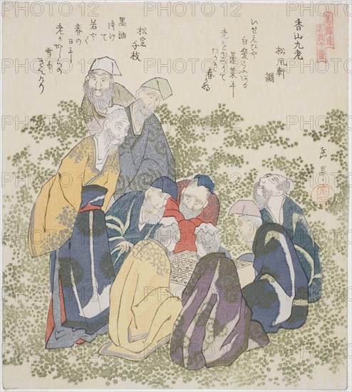 The Nine Old Men of Mount Xiang (Kozan kyuro), from the series A Set of Ten Famous Numbers for the Katsushika Circle (Katsushikaren meisu juban), c. 1828, Yashima Gakutei, Japanese, 1786 (?)-1868, Japan, Color woodblock print, shikishiban, surimono, 8 3/8 x 7 1/2 in.