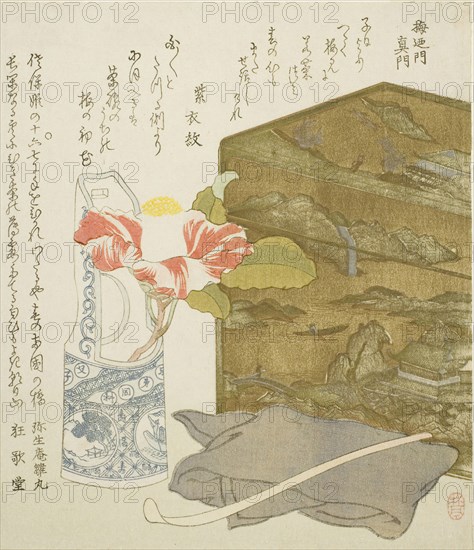 Camellia in Vase and Tea-utensil Box, 1820s, Rintei, Japanese, 19th century, Japan, Color woodblock print, shikishiban, surimono, 22.2 x 19.4 cm (8 3/4 x 7 5/8 in.)