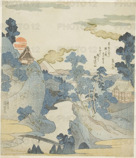 Distant View of Mount Fuji at Dawn from Hakone, c. 1828/30, Utagawa Kuniyoshi, Japanese, 1787-1861, Japan, Color woodblock print, shikishiban, surimono, 21.2 x 18.4 cm (8 3/8 x 7 1/4 in.)