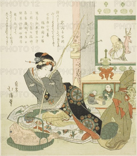 Lady Seated by a Tokonoma Alcove, 1829, Totoya Hokkei, Japanese, 1780-1850, Japan, Color woodblock print, surimono, 20.9 x 18.2 cm
