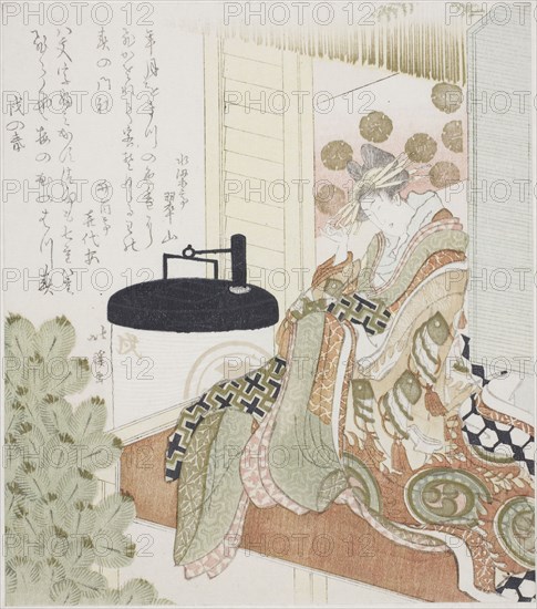 Courtesan sitting on a veranda next to a lantern, 1814, Totoya Hokkei, Japanese, 1780-1850, Japan, Color woodblock print, shikishiban, surimono, 21.1 x 18.6 cm