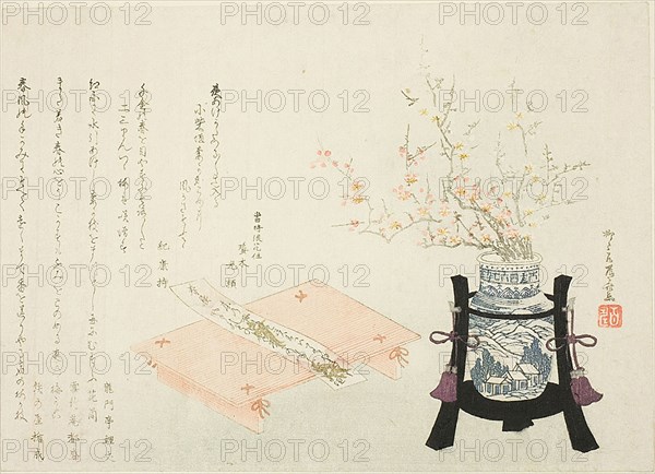 Red and White Plum Blossoms with Poem Slip, About 1810, Ryuryukyo Shinsai, Japanese, active 1799–1823, Japan, Color woodblock print, surimono, 19.7 x 27.7 cm