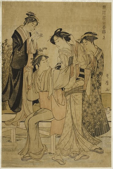 Elegant Pleasures: The Scent of Flowers, right (Furyu hana no ka asobi, jo), c. 1783, Kitagawa Utamaro ??? ??, Japanese, 1753 (?)-1806, Japan, Color woodblock print, right sheet of oban diptych, 15 x 10 in.