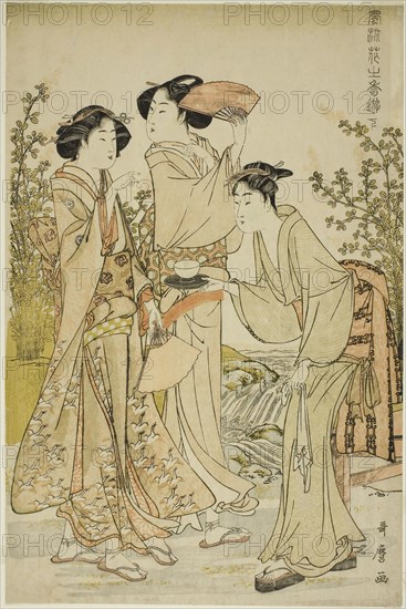 Elegant Pleasures: The Scent of Flowers, left (Furyu hana no ka asobi, ge), c. 1783, Kitagawa Utamaro ??? ??, Japanese, 1753 (?)-1806, Japan, Color woodblock print, left sheet of oban diptych, 15 x 10 in.