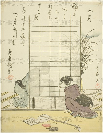 The Ninth Month (Kugatsu), from an untitled series of genre scenes in the twelve months, with kyoka poems, c. 1792/93, Kitagawa Utamaro ??? ??, Japanese, 1753 (?)-1806, Japan, Color woodblock print, chuban, 24.3 x 18.7 cm
