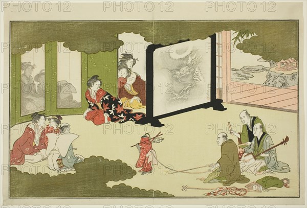 Performance of a Trained Monkey, from an illustrated poetry anthology entitled The Young God Ebisu (Waka Ebisu), 1789, Kitagawa Utamaro ??? ??, Japanese, 1753 (?)-1806, Japan, Color woodblock print, page from an album, 25.6 x 38.0 cm