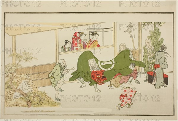 New Year Street-Performers, from the illustrated kyoka anthology The Young God Ebisu (Waka Ebisu), New Year, 1789, Kitagawa Utamaro ??? ??, Japanese, 1753 (?)-1806, Japan, Color woodblock print, double-page illustration from album