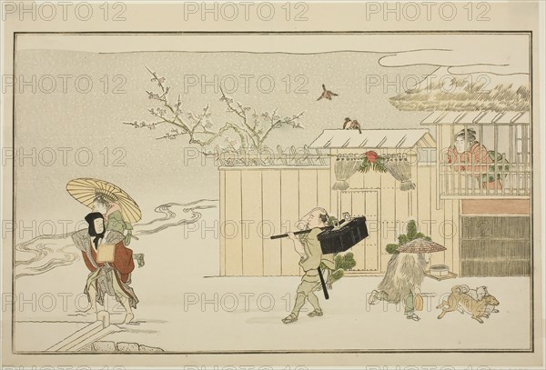 Delivering New Year Gifts in the Snow, from the illustrated kyoka anthology The Young God Ebisu (Waka Ebisu), New Year, 1789, Kitagawa Utamaro ??? ??, Japanese, 1753 (?)-1806, Japan, Color woodblock print, double-page illustration from album