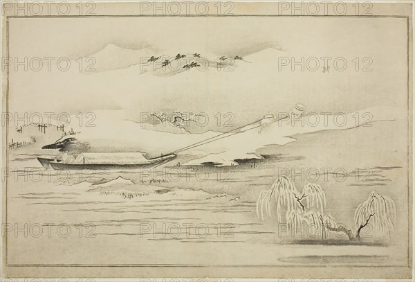 Towing a Barge in the Snow, from the album The Silver World, 1790, Kitagawa Utamaro ??? ??, Japanese, 1753 (?)-1806, Japan, Woodblock print, oban, 38.6 x 26.1 cm