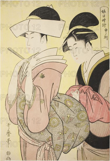 Hour of the Monkey [4pm] (Saru no koku), from the series Sundial of Young Women (Musume hi-dokei), c. 1794/95, Kitagawa Utamaro ??? ??, Japanese, 1753 (?)-1806, Japan, Color woodblock print, oban, 37.4 x 25.6 cm