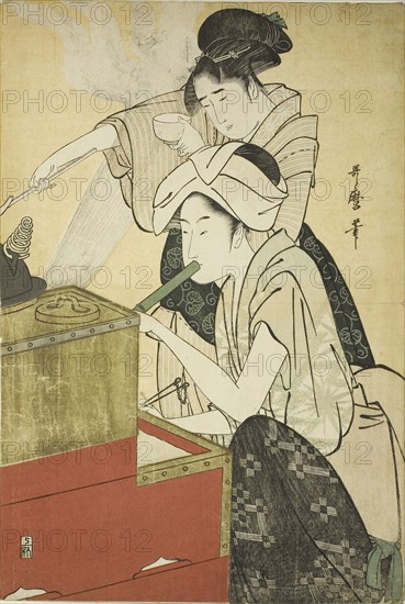 Kitchen Scene, c. 1794/95, Kitagawa Utamaro ??? ??, Japanese, 1753 (?)-1806, Japan, Color woodblock print, oban, 38.4 x 25.9 cm (15 1/8 x 10 3/16 in.)