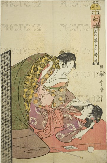 Hour of the Dragon (Tatsu no koku), from the series Twelve Hours in Yoshiwara (Seiro juni toki tsuzuki), c. 1794, Kitagawa Utamaro ??? ??, Japanese, 1753 (?)-1806, Japan, Color woodblock print, oban, 15 x 10 in.