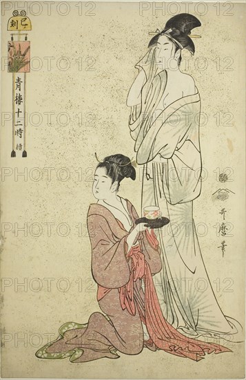 Hour of the Snake (Mi no koku), from the series Twelve Hours in Yoshiwara (Seiro juni toki tsuzuki), c. 1794, Kitagawa Utamaro ??? ??, Japanese, 1753 (?)-1806, Japan, Color woodblock print, oban, 38.1 x 25.4 cm (15 x 10 in.)