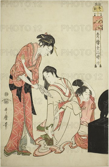 Hour of the Horse (Uma no koku), from the series Twelve Hours in Yoshiwara (Seiro juni toki tsuzuki), c. 1794, Kitagawa Utamaro ??? ??, Japanese, 1753 (?)-1806, Japan, Color woodblock print, oban, 15 x 10 in.