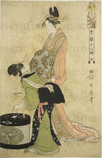 Hour of the Cock (Tori no koku), from the series Twelve Hours in Yoshiwara (Seiro juni toki tsuzuki), c. 1794, Kitagawa Utamaro ??? ??, Japanese, 1753 (?)-1806, Japan, Color woodblock print, oban, 15 x 10 in.