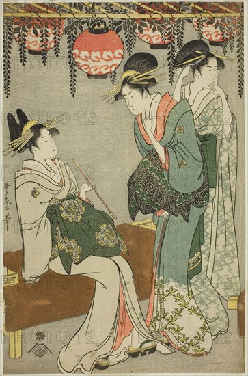Courtesans beneath Wisteria Arbor, c. 1795, Kitagawa Utamaro ??? ??, Japanese, 1753 (?)-1806, Japan, Color woodblock print, left sheet of oban triptych